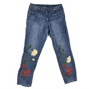 FDJ French Dress Jeans Womens Size 14 Olivia Embroidered Floral Blue Denim Pants